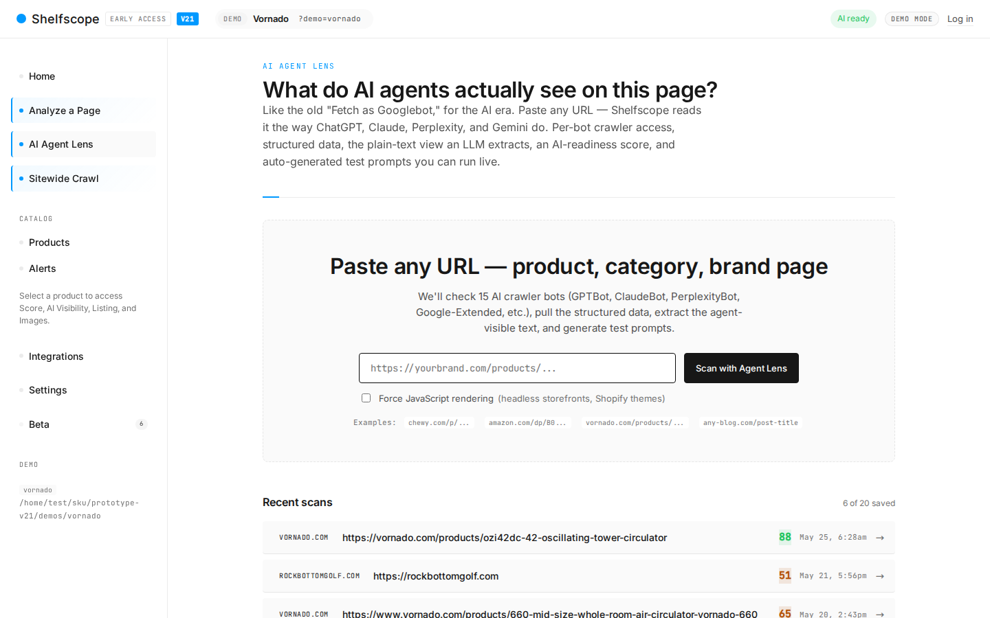 eCommerce Insights dashboard — Agent Lens view