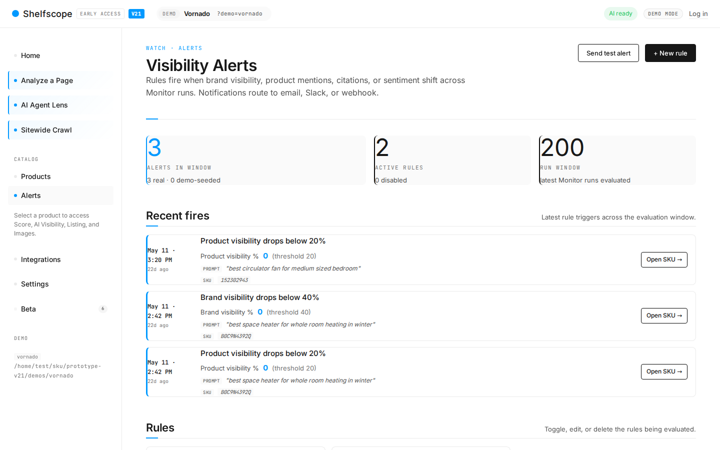 Score-change and citation-loss alerts with delivery channels.
