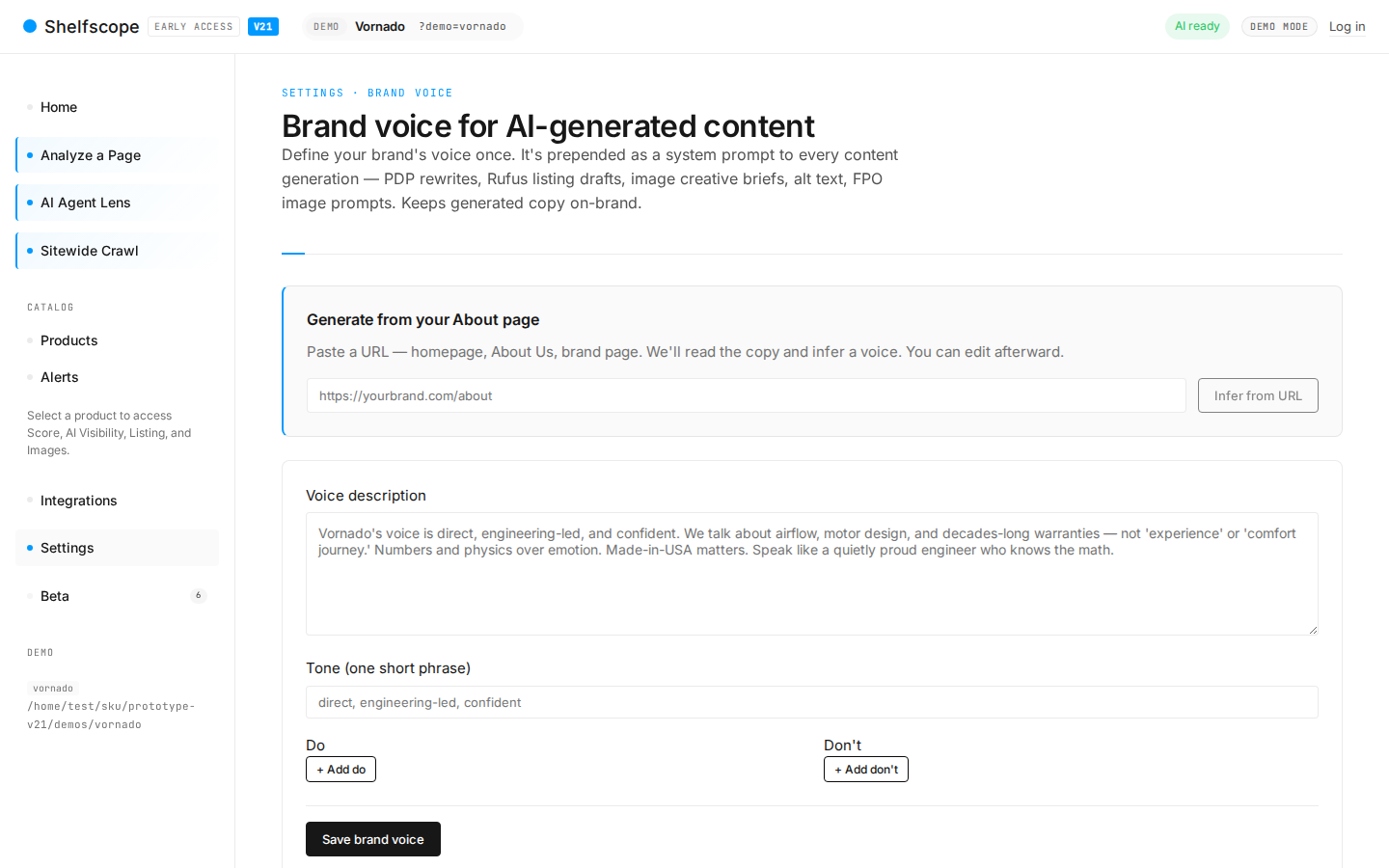 Custom brand voice profile that shapes every recommendation.